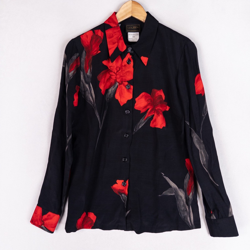 Louben Womens Blouse 6 Black Red Large Floral Print Rayon Button Up Made Canada